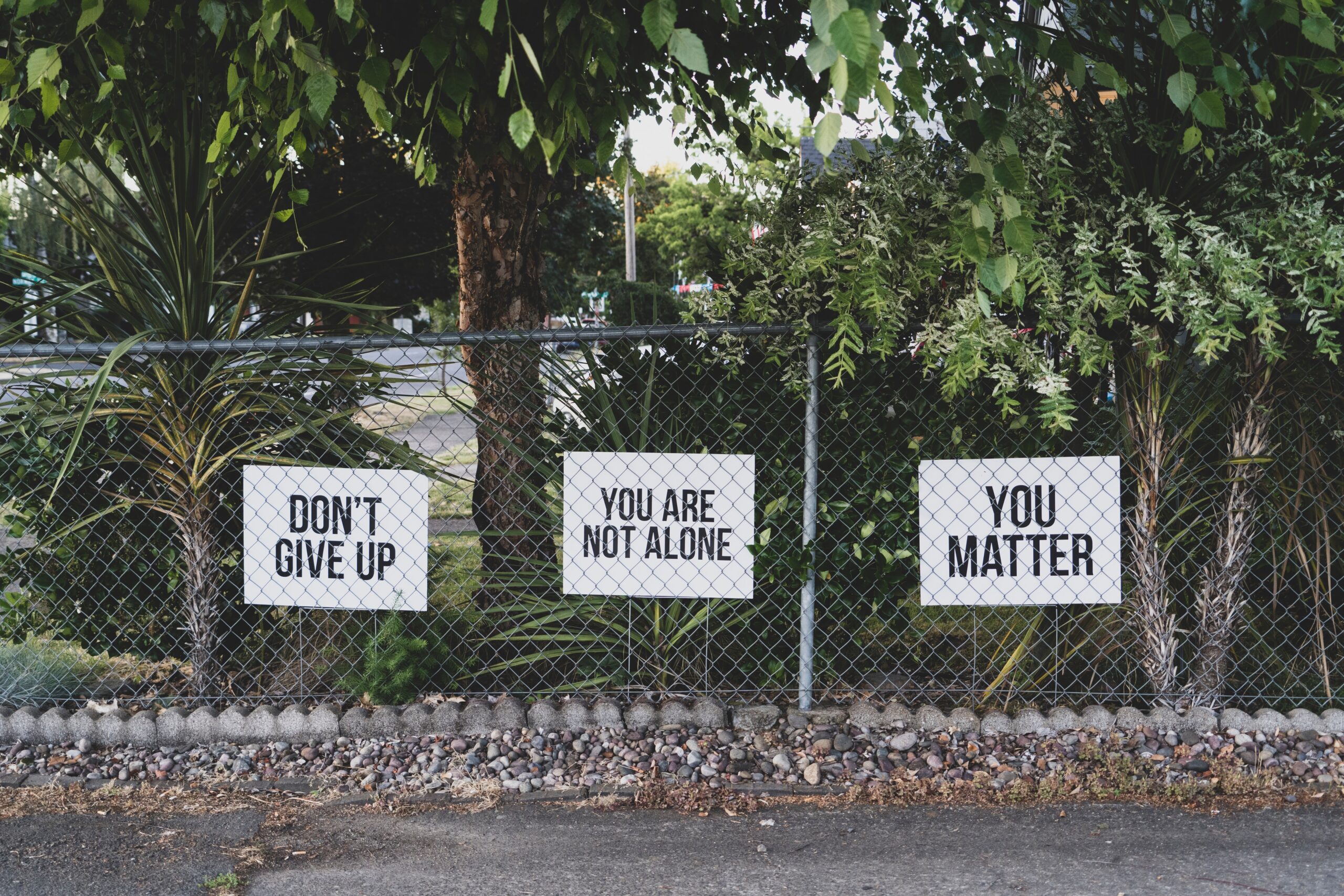 image of a chainlink fence with signs saying don't give up