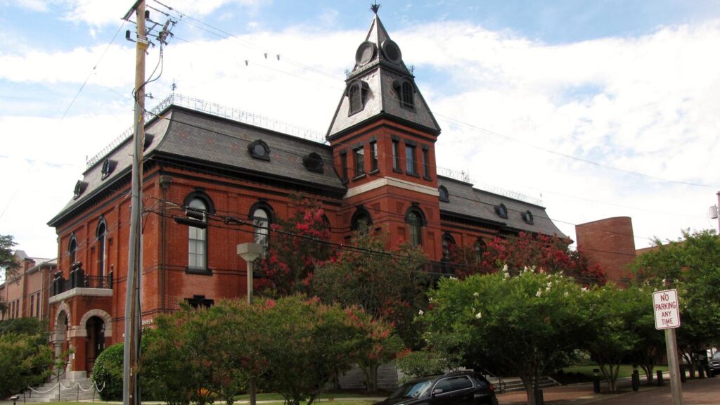 The Craven County Courthouse, a brick building with a central spire